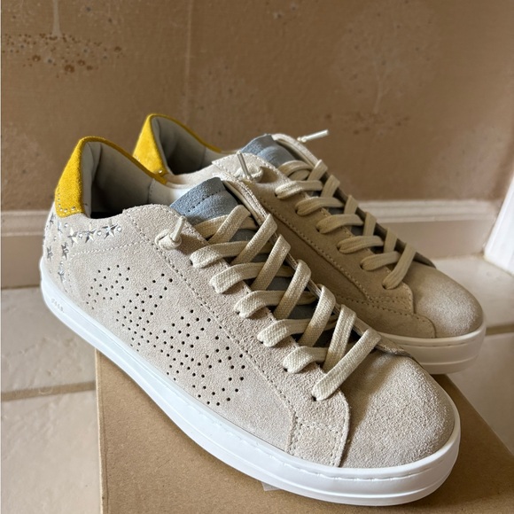 P448 Shoes - P448 Beige Suede Low-Top Sneakers with Yellow Heel